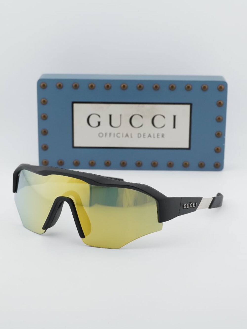 Gucci GG2017S 001 Shield Sunglasses - Black / Yellow Mirror